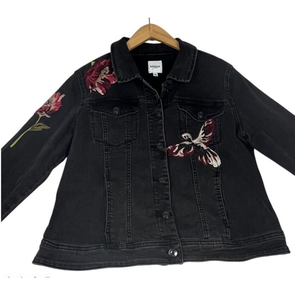 Kensie Jeans Womens Black Embroidered Denim Trucker Jacket Size XL 5590